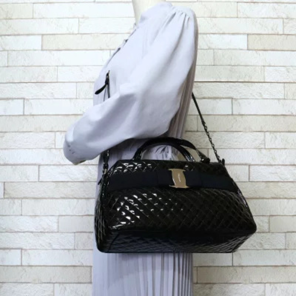 Salvatore Ferragamo Shoulder Vara Black Enamel Bag Rion